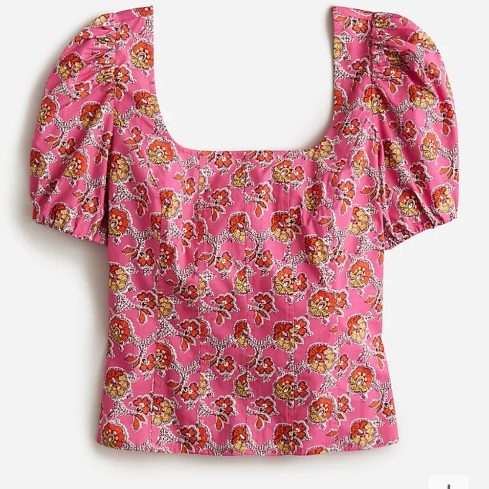 Puff-sleeve squareneck top in Ratti® pink blooms prin